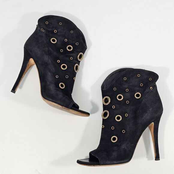 Giuseppe Zanotti Black Suede Crystal Eyelet Peep Toe Booties Size 39 - Picture 11 of 12